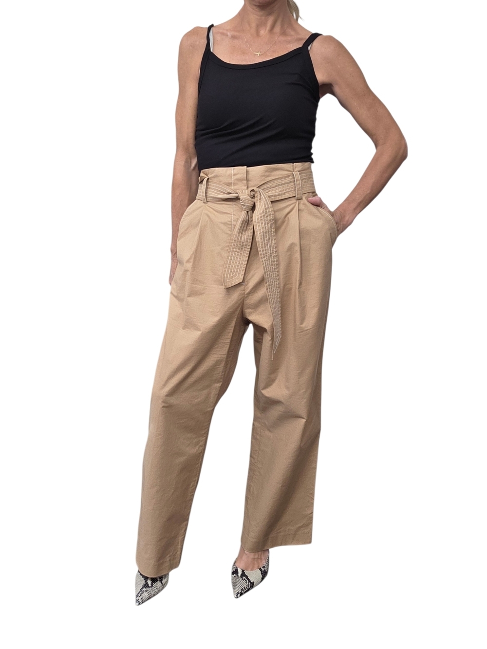 Veronica Beard High Waist Wide Leg Pants Tan Belted 12